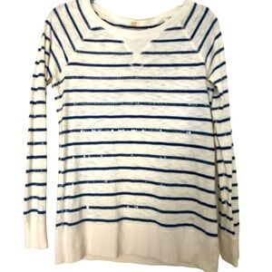 J Crew T-shirt, long sleeve, cream with blue stripes, clear sequins. Banded hem.